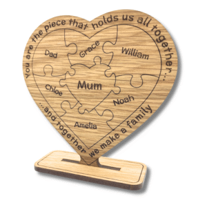 Personalised Oak Family Puzzle Piece Heart Keepsake for Mum or Granny